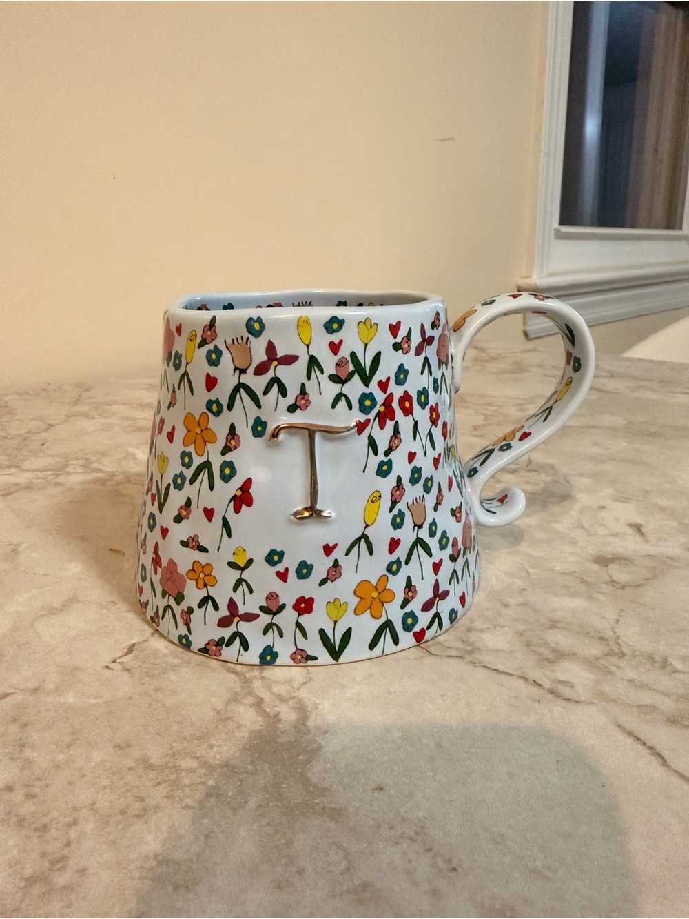 Anthropologie fairy blue floral Initial 'T' Ceramic Mug
